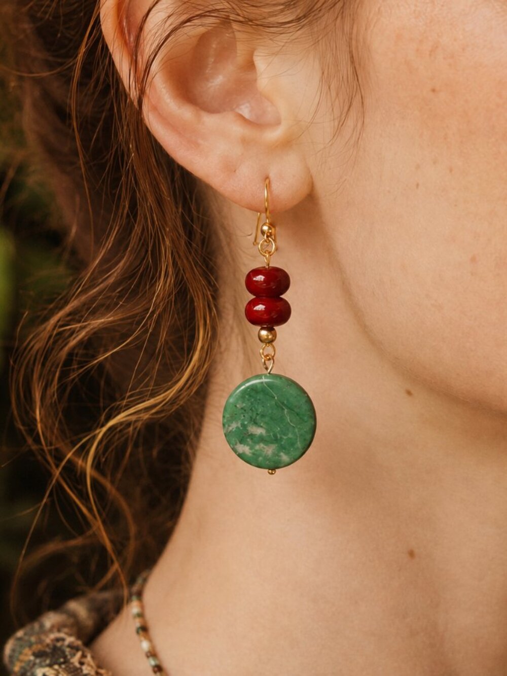 Green Serpentine Stone & Red Ceramic Dangle Earrings - 24k Gold Plated Stainless